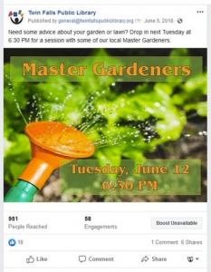 Facebook post for master gardener program at Twin Falls