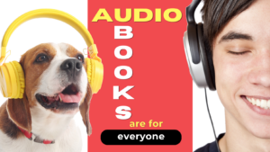 A dog and a person are both wearing headphones and smiling. Contains the text 