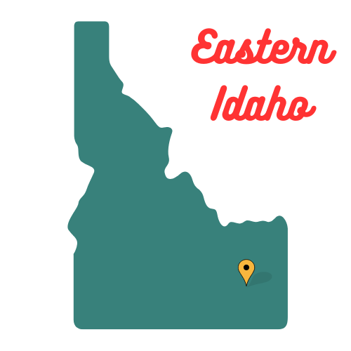Shape of Idaho with a pin at Fort Hall, text reads East Idaho