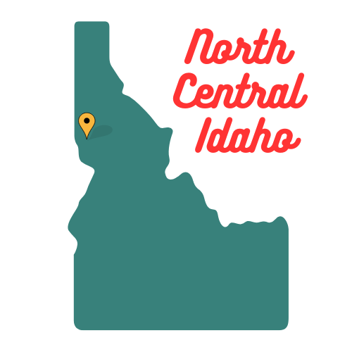Shape of Idaho with a pin at Moscow, text reads North Central Idaho