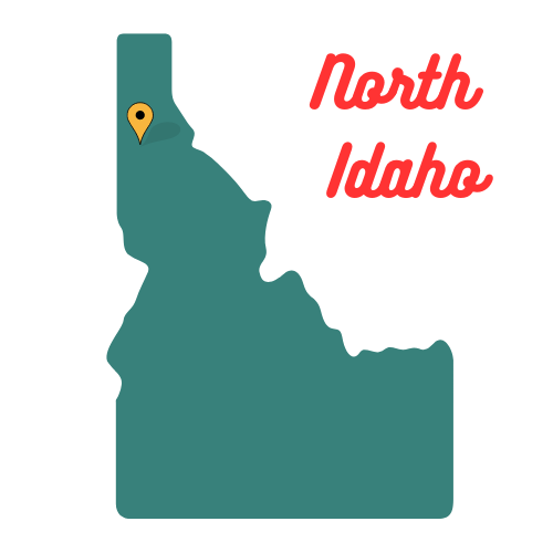 Idaho shape with pin at Coeur d'Alene with text North Idaho