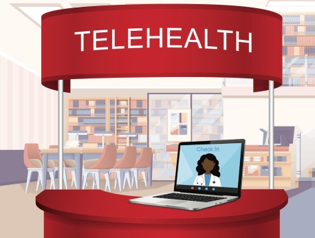 Inside a library, a laptop is open to a telehealth check-in screen