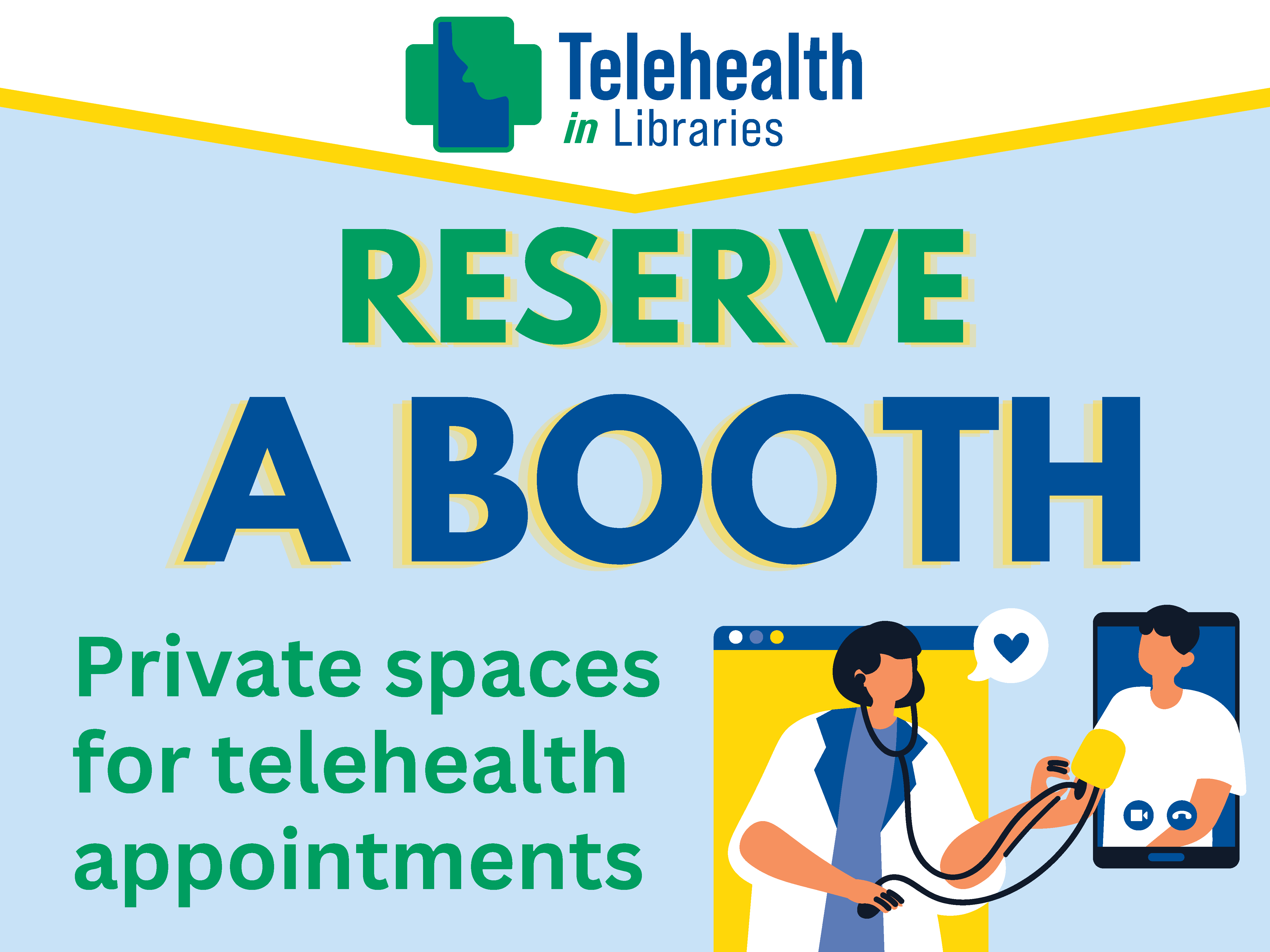 Yard sign that says: Reserve a Booth. Private spaces for telehealth appointments.