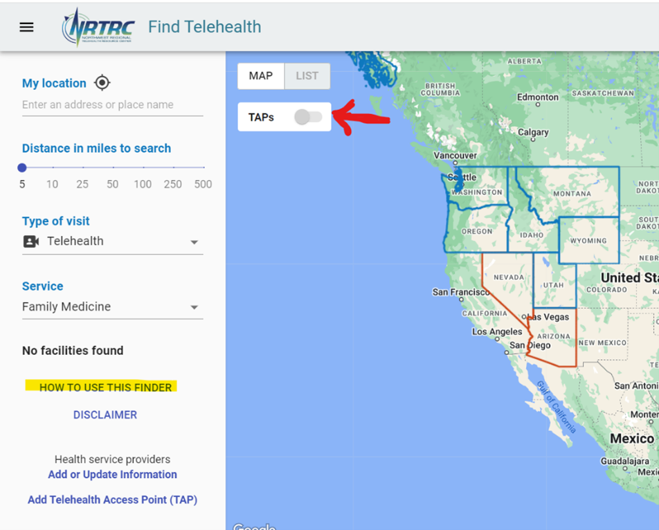 Screenshot of NRTRC Find Telehealth map